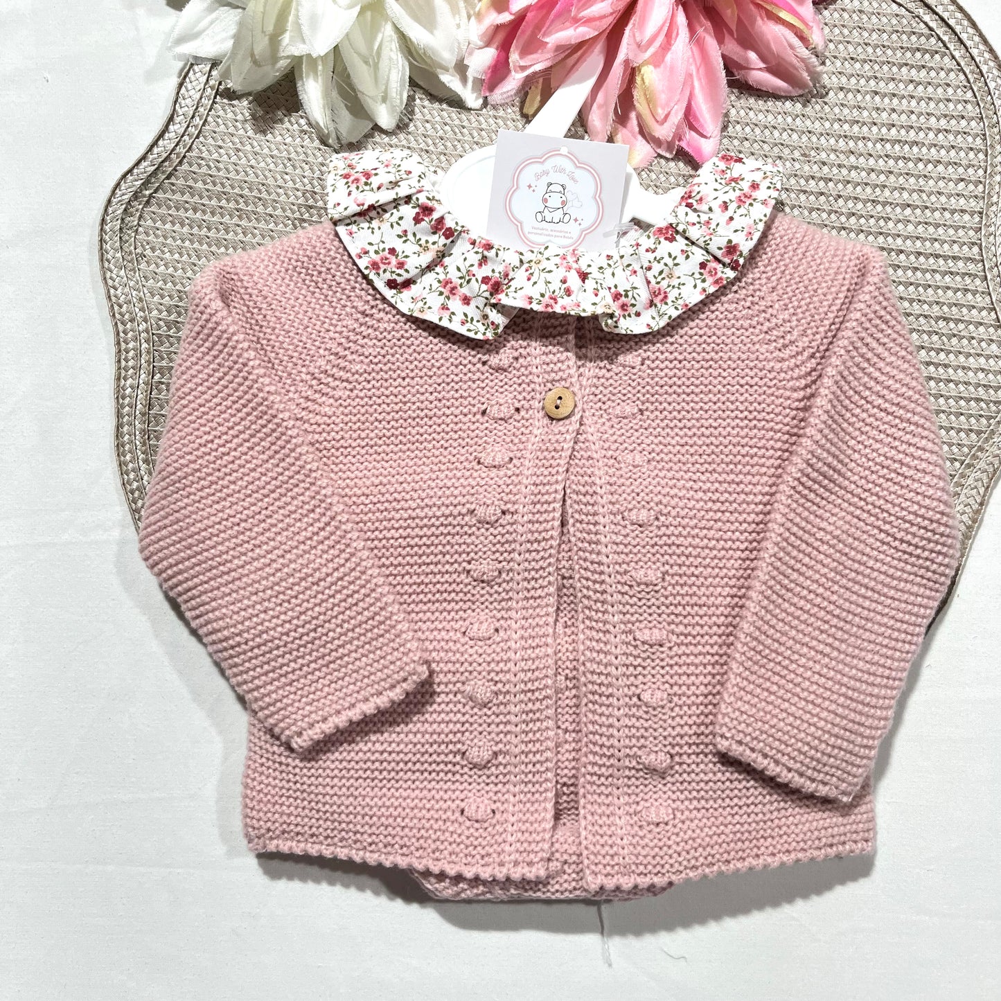 Conjunto Flor em malha para bebé - 1 aos 12M - Rosa velho
