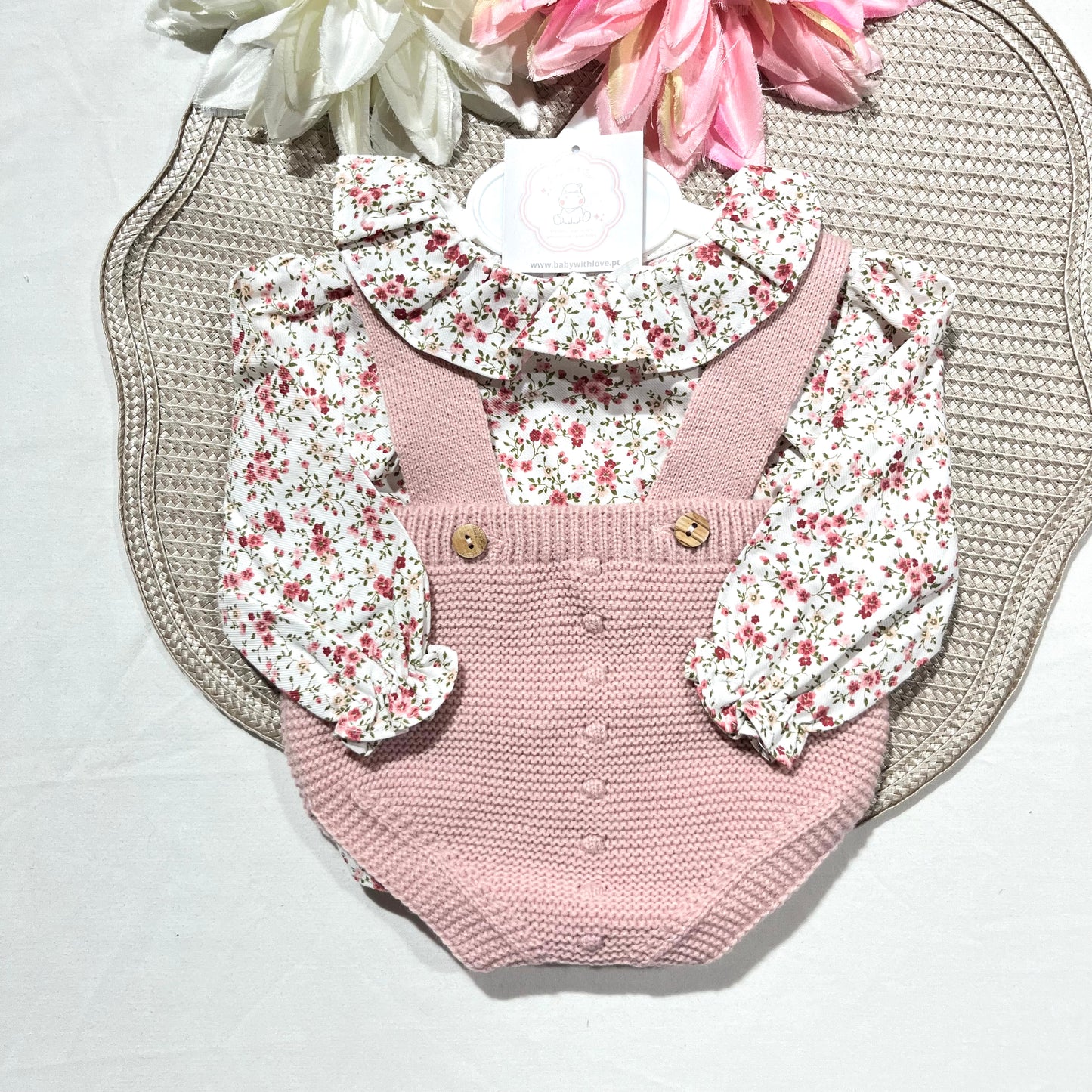 Conjunto Flor em malha para bebé - 1 aos 12M - Rosa velho