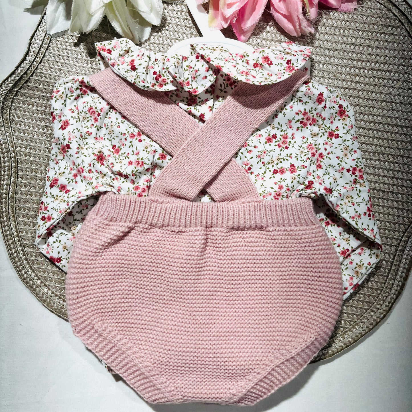 Conjunto Flor em malha para bebé - 1 aos 12M - Rosa velho