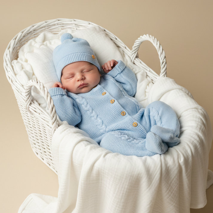 Conjunto macacão e gorro para bebé - 1M - Azul bebé