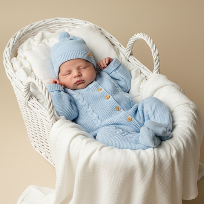 Conjunto macacão e gorro para bebé - 1M - Azul bebé