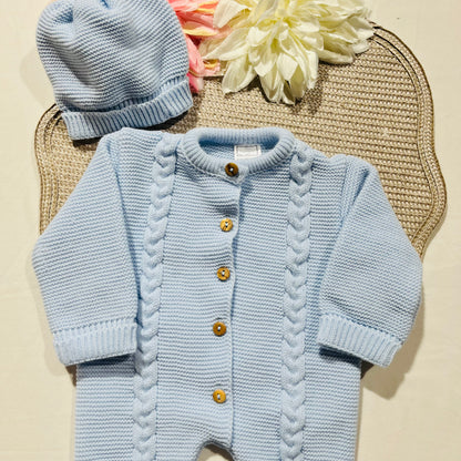 Conjunto macacão e gorro para bebé - 1M - Azul bebé