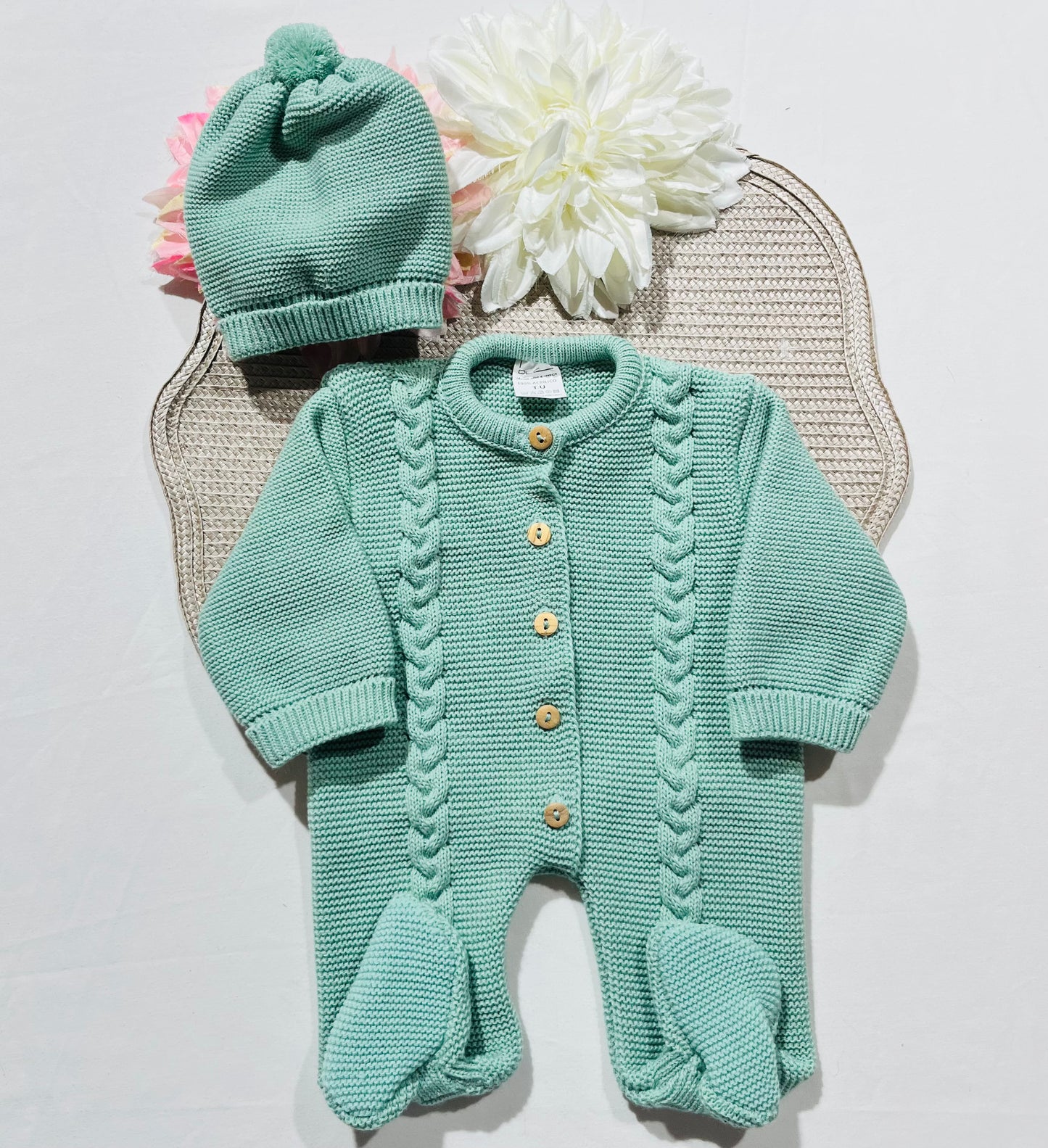 Conjunto macacão e gorro para bebé - 1M - Verde