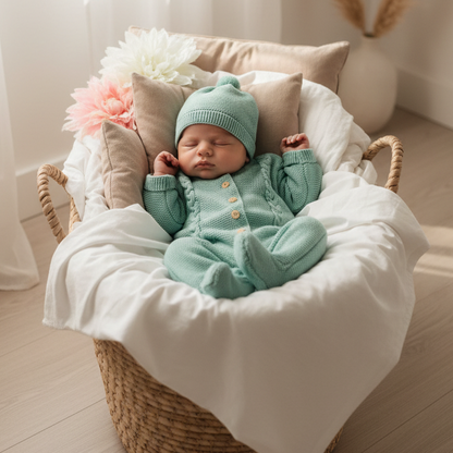 Conjunto macacão e gorro para bebé - 1M - Verde