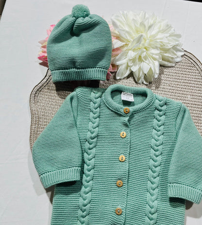 Conjunto macacão e gorro para bebé - 1M - Verde