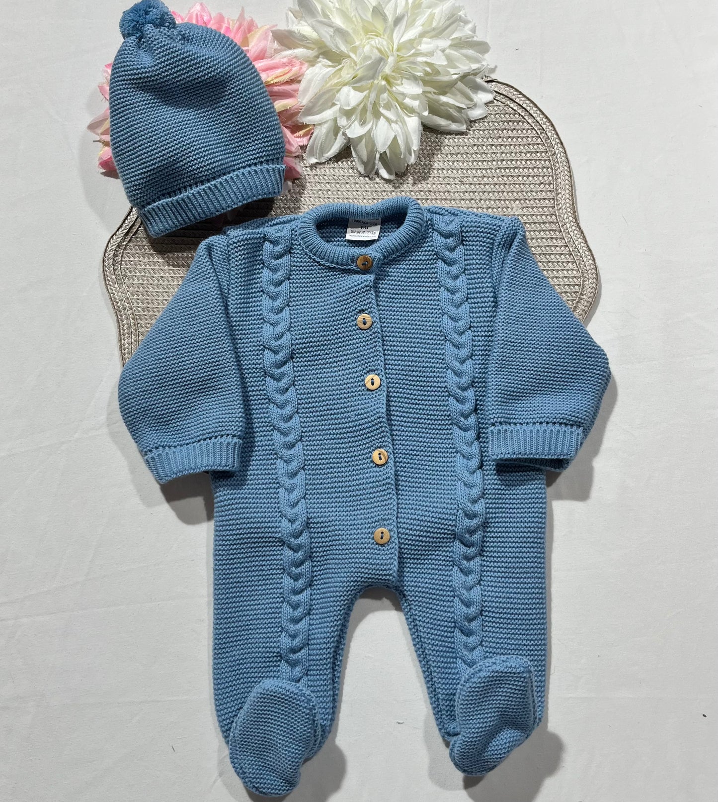 Conjunto macacão e gorro para bebé - 1M - Azul cobalto