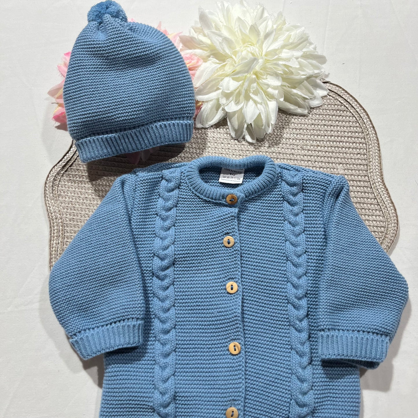 Conjunto macacão e gorro para bebé - 1M - Azul cobalto