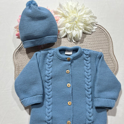 Conjunto macacão e gorro para bebé - 1M - Azul cobalto