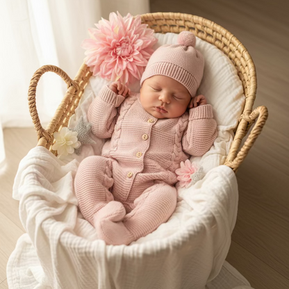 Conjunto macacão e gorro para bebé - 1M - Rosa velho