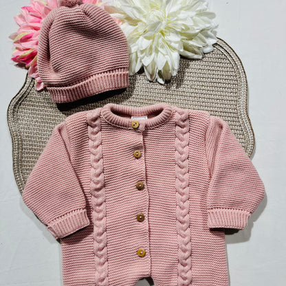 Conjunto macacão e gorro para bebé - 1M - Rosa velho