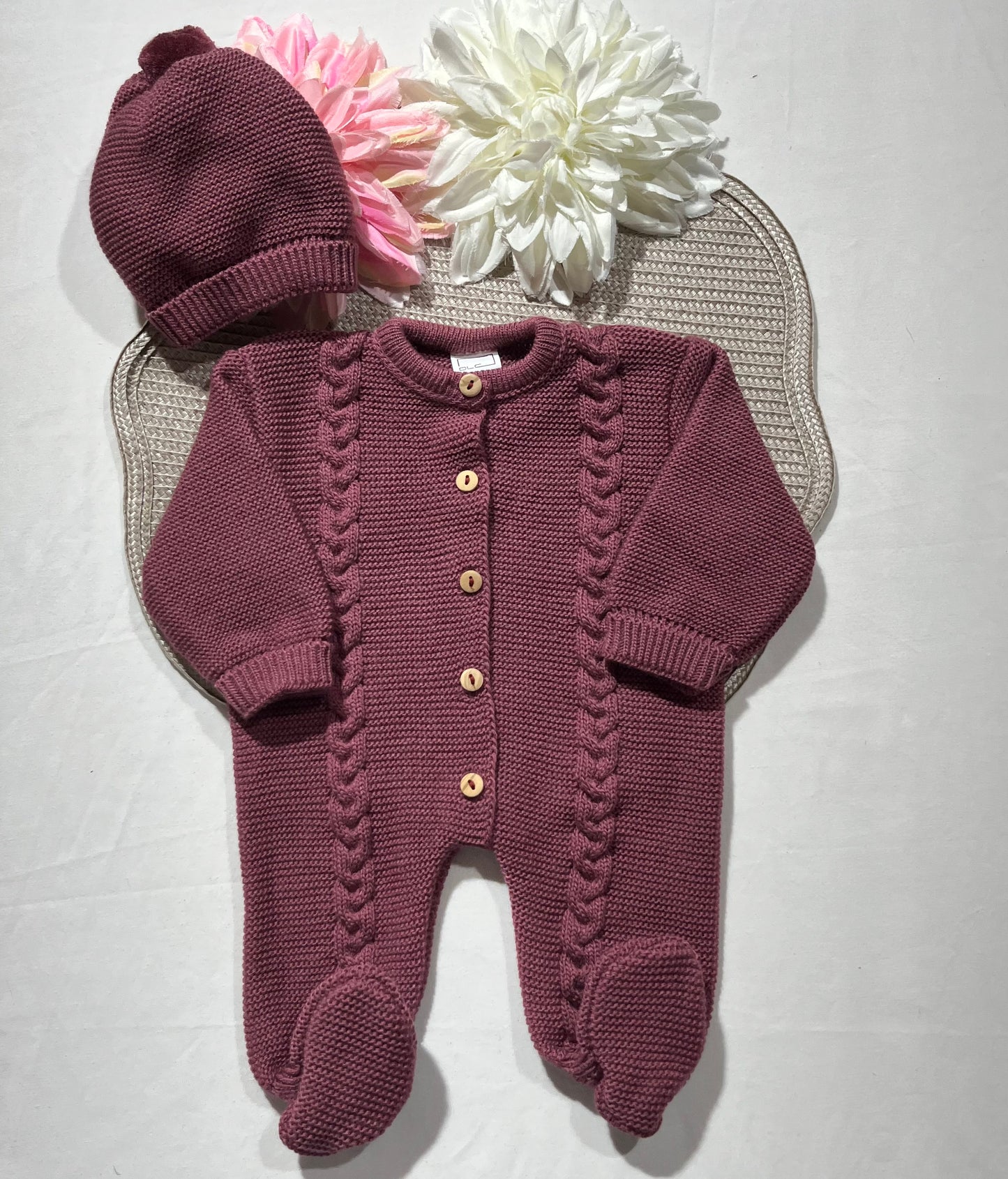 Conjunto macacão e gorro para bebé - 1M - Beringela