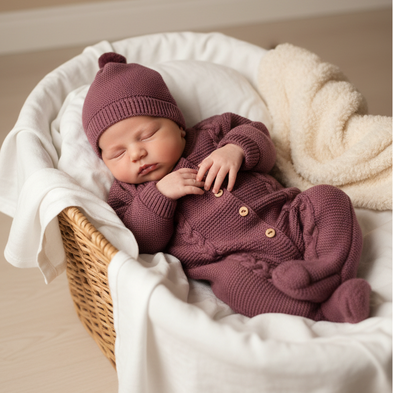Conjunto macacão e gorro para bebé - 1M - Beringela