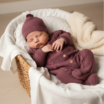 Conjunto macacão e gorro para bebé - 1M - Beringela