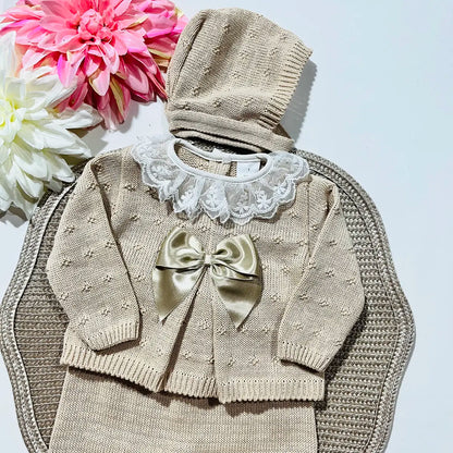 Conjunto de bebé, camisola, calça e touca - 100% algodão - Areia