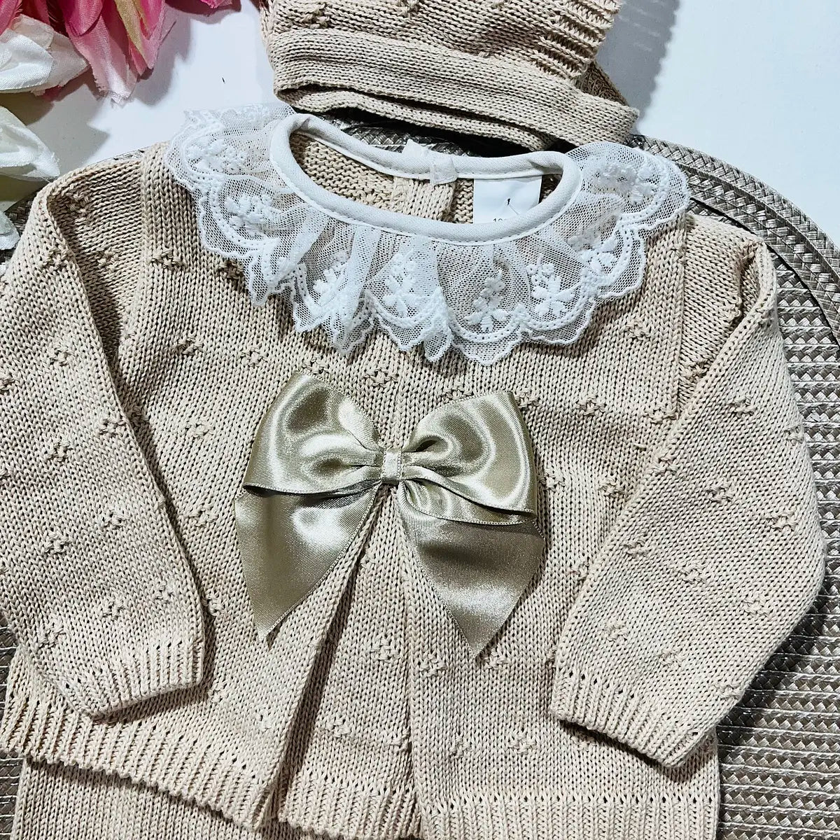 Conjunto de bebé, camisola, calça e touca - 100% algodão - Areia