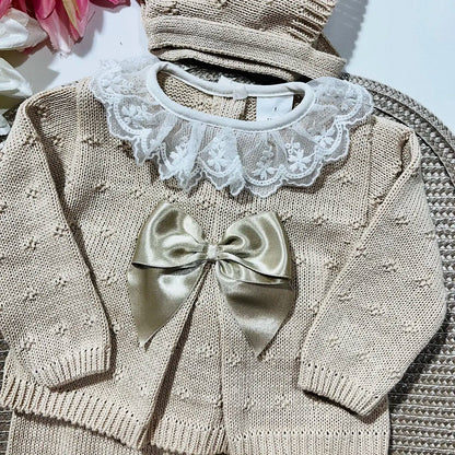 Conjunto de bebé, camisola, calça e touca - 100% algodão - Areia