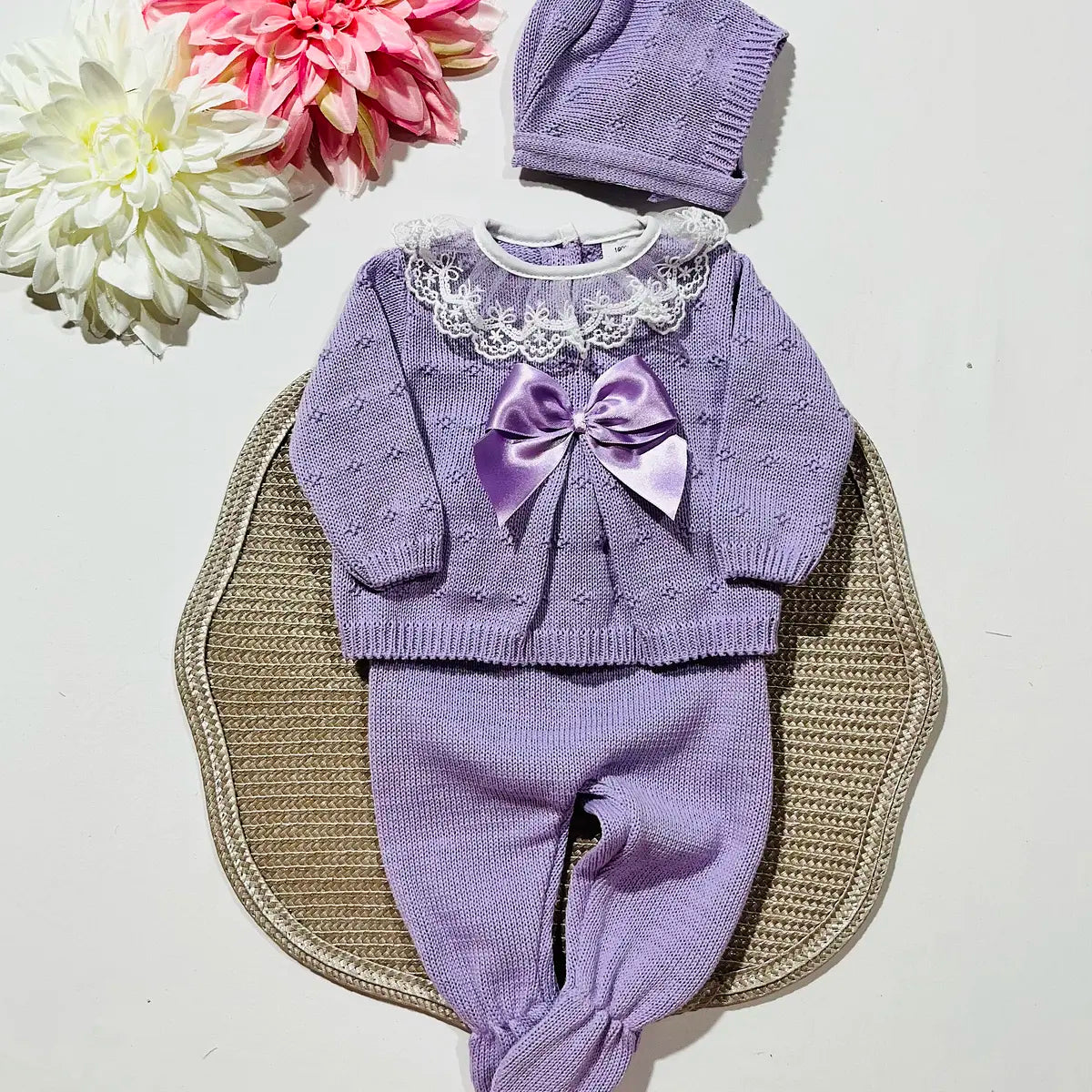 Conjunto de bebé, camisola, calça e touca - 100% algodão - Lavanda