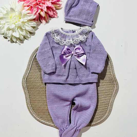 Conjunto de bebé, camisola, calça e touca - 100% algodão - Lavanda