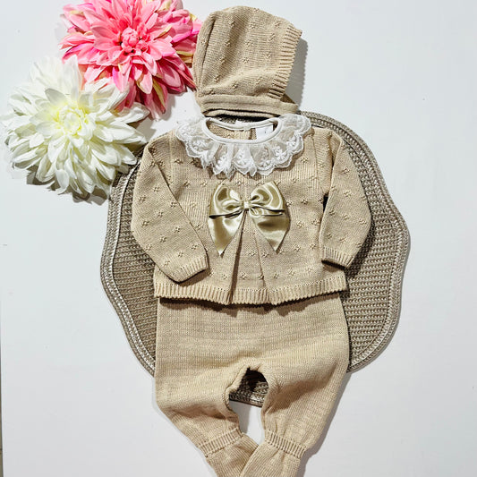 Conjunto de bebé, camisola, calça e touca - 100% algodão - Areia