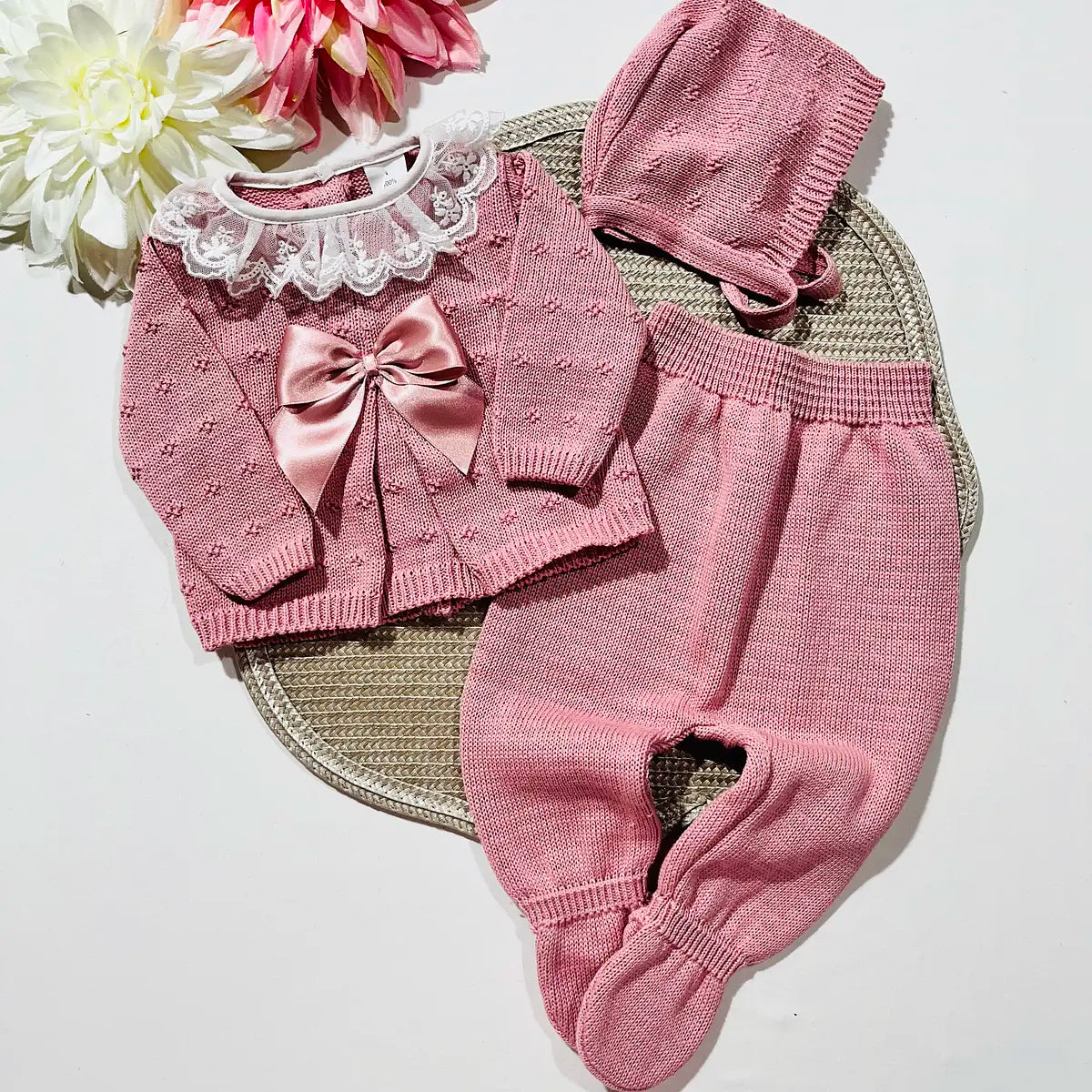 Conjunto de bebé, camisola, calça e touca - 100% algodão - Rosa Velho