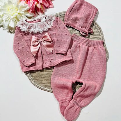 Conjunto de bebé, camisola, calça e touca - 100% algodão - Rosa Velho